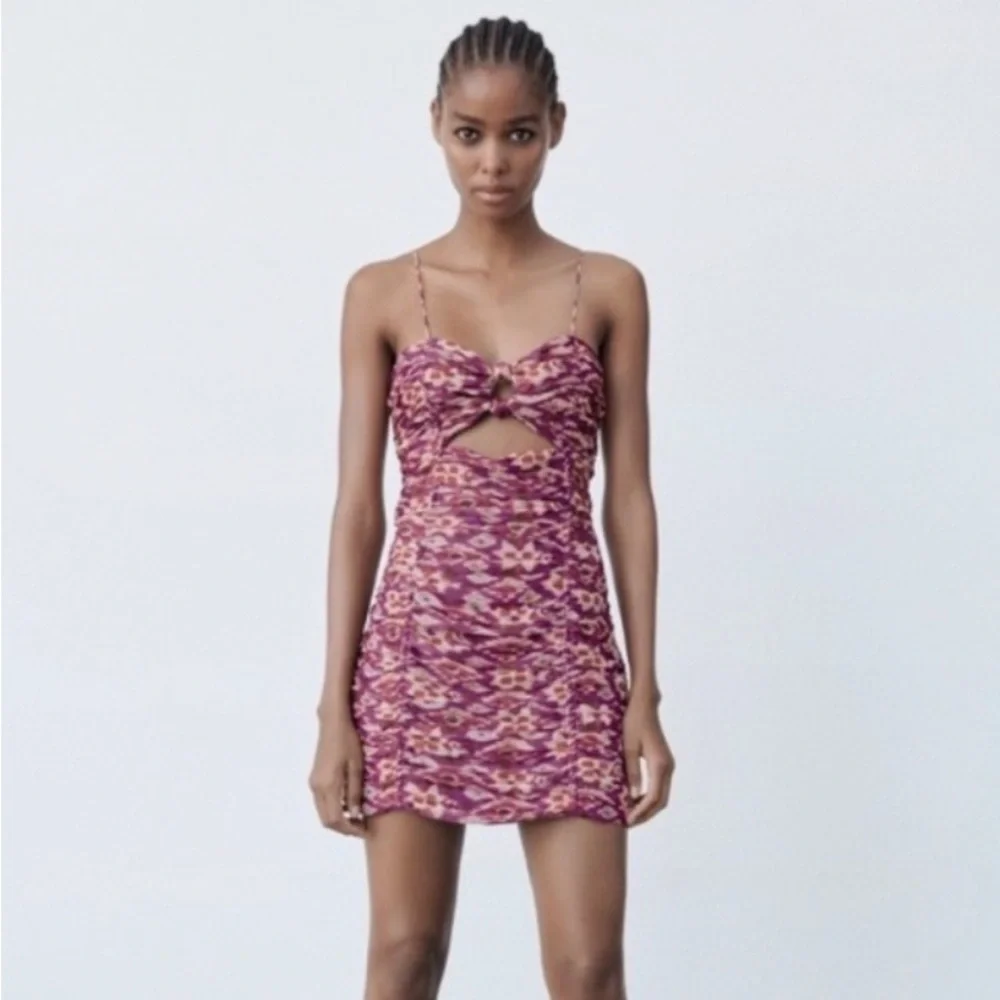 Zara Multicolor Purple Chiffon Ruched Cutout
Strappy Mini Dress - Picture 1 of 10